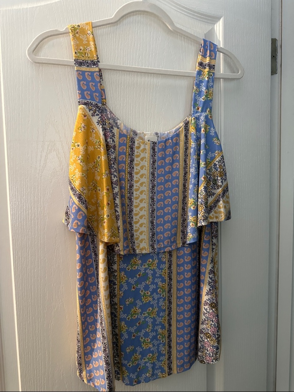 Sew In Love Blue and Yellow Patchwork Ruffled Tank Top